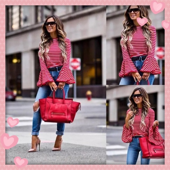 Tops - ❤️5 Star 🌟 Red striped bell sleeve top❤️